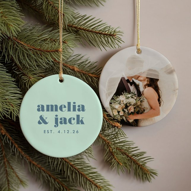 Bright Bold Green and Blue Modern Monogram Wedding Ceramic Ornament (Keepsake wedding ornament - blue typography & turquoise green background with a photo on the back.)