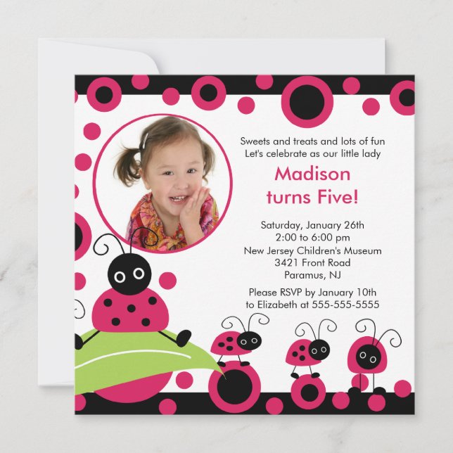 Bright & Bold Ladybug Photo Birthday Invitation (Front)