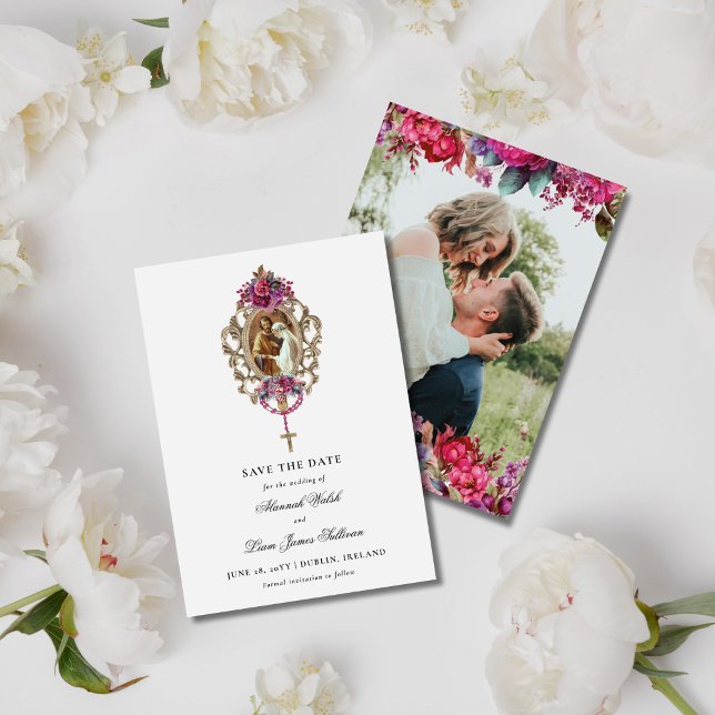 Bright Bold Magenta Floral & Photo Wedding Save The Date (Magenta pink, floral, Catholic save the date card with photo on back)