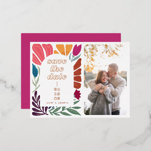 Bright Bold Multicolor Floral Save the Date Photo Foil Invitation Postcard
