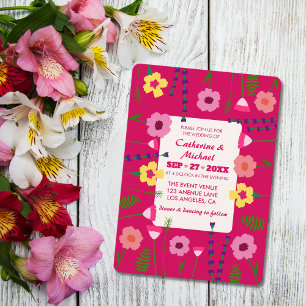 Bright & Bold Pink Colourful Floral QR Code Weddin Invitation