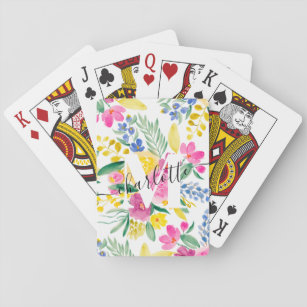 Bright bold pink floral watercolor monogram playing cards