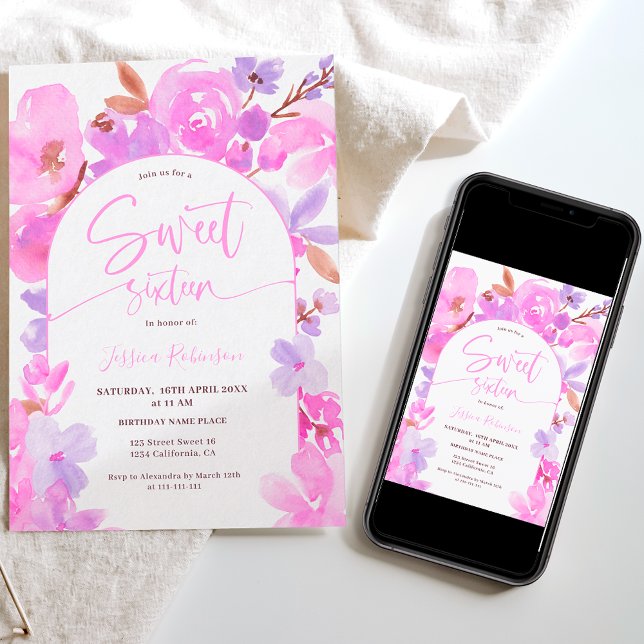 Bright bold pink purple floral Sweet 16 Invitation (Creator Uploaded)