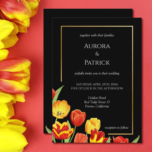 Bright & Bold Tulips Black Spring Floral Wedding Invitation (Bright & Bold Tulips Black Spring Floral Wedding Invitation)