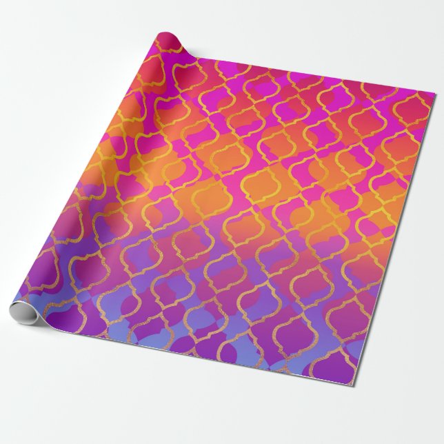 Bright Bold Vivid Orange Purple Fuchsia Quatrefoil Wrapping Paper (Unrolled)