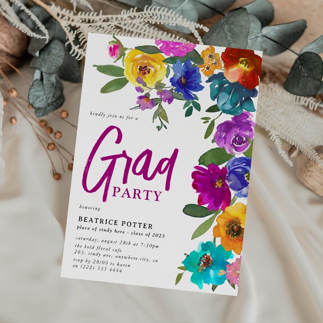 Bright & Bold Watercolor Floral Graduation Party  Invitation (Creator Uploaded)