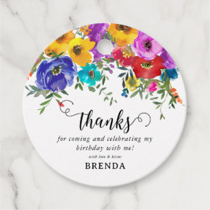 Bright & Bold Watercolor Floral Thank You Birthday Favour Tags