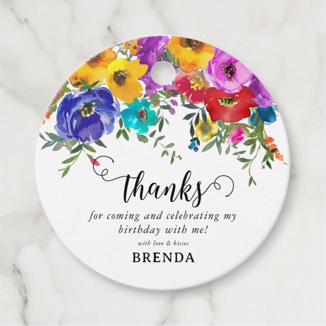 Bright & Bold Watercolor Floral Thank You Birthday Favour Tags (Front)