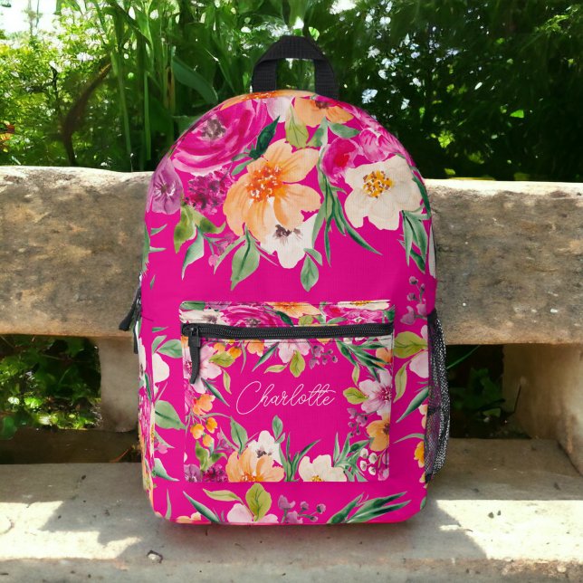 Bright bold wild flowers neon pink name printed backpack (Bright bold wild flowers neon pink name printed backpack)