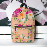 Bright bold wild flowers neon pink peach name printed backpack<br><div class="desc">Elegant bright and bold modern spring summer flowers backpack with pretty oversized wild flower and brush script  with a modern calligraphy typography with bright neon pink,  orange,  green and yellow flowers on peach</div>