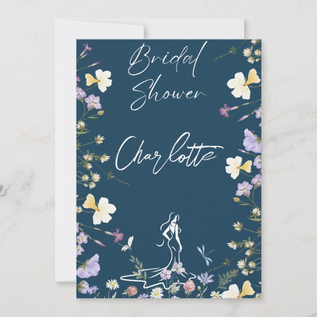 Bright bold wild flowers script bridal  invitation (Front)