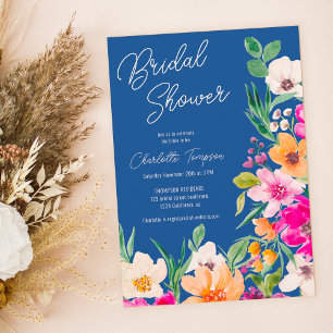 Bright bold wild flowers script bridal shower invitation