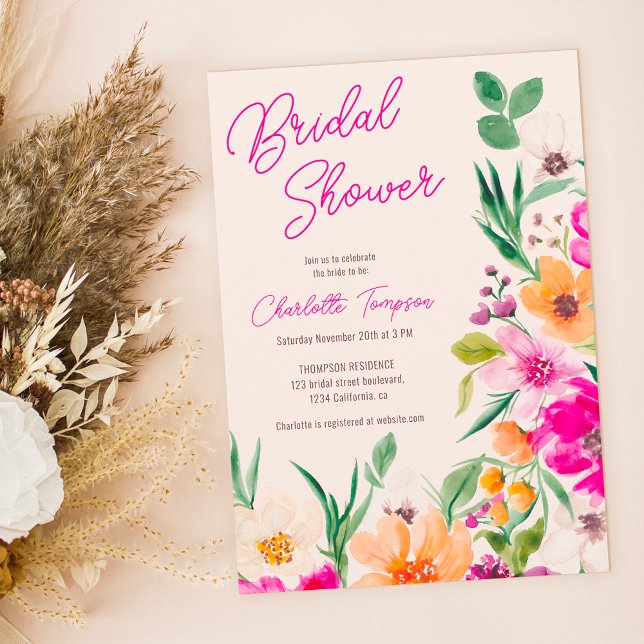 Bright bold wild flowers script bridal shower invitation (Bright bold wild flowers script bridal shower invitation on pastel pink)
