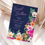 Bright bold wild flowers script Sweet 16 Invitation<br><div class="desc">Elegant bright and bold modern spring summer flowers illustration with pretty oversized wild flower and brush script  sweet 16 birthday party invitation with a modern calligraphy typography with bright neon pink,  orange,  green and yellow flowers on an editable navy blue background.</div>