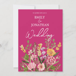 Bright bold wild flowers script wedding invitation