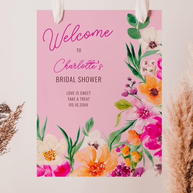 Bright bold wild flowers welcome bridal shower poster (Bright bold wild flowers welcome bridal shower poster on pink)