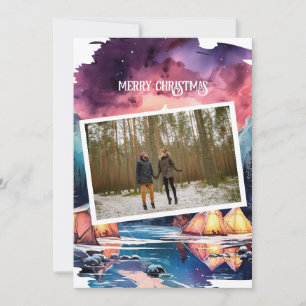 Bright Bold Winter Camping Couple Christmas Photo Holiday Card