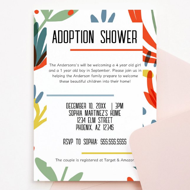 Bright Botanical Adoption Douche Invitation (bright and colorful botanical floral adoption shower invitation green, yellow, blue, red flowers)