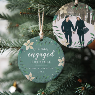Bright Boughs   First Engaged Christmas Photo Ceramic Ornament