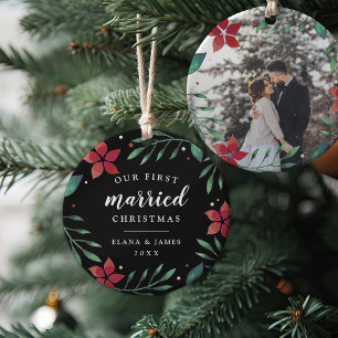 Bright Boughs   First Married Christmas Photo Ceramic Ornament