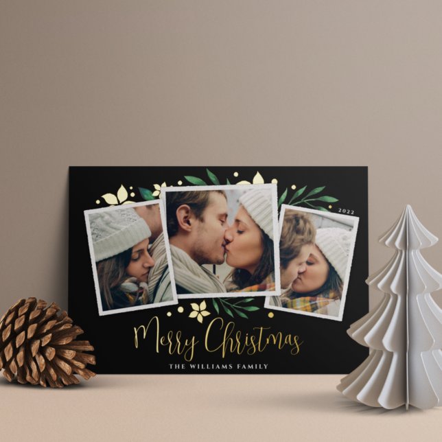 Bright Boughs | Three Photo Foil Holiday Card (Creator Uploaded)