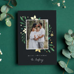 Bright Boughs Vertical Photo Botanical Christmas Foil Holiday Card<br><div class="desc">Elegant and festive holiday photo card frames your favourite vertical or portrait oriented image with a subtle deckled edge border and gold foil and green holiday foliage peeking out at the corners. "Merry Christmas" or your choice of greeting appears beneath,  along with your family name.</div>