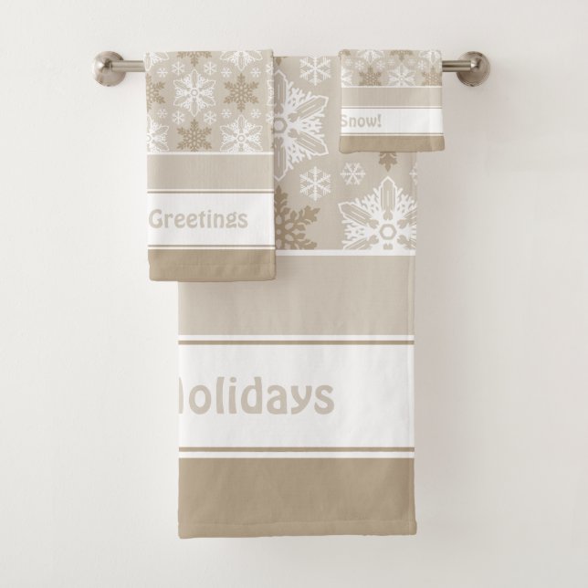 Bright Brown Tan Winter White Snowflake Pattern Bath Towel Set (Insitu)