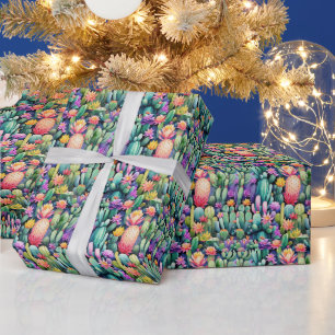 Bright Cactus Bloom Desert Botanical Pattern  Wrapping Paper