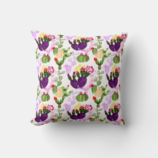 Bright Cactuses Pen Drawing Botanical Pattern Throw Pillow (Front)