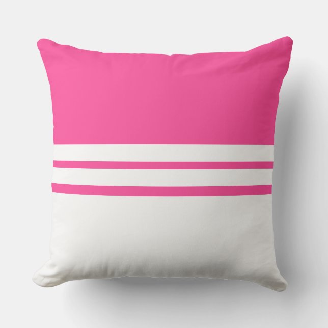 Bright Candy Pink White Colour Block Racing Stripe Outdoor Pillow (Front)