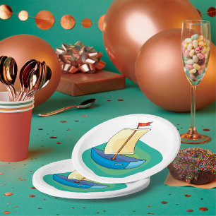Bright Cartoon Boat with Sail Fun Nautical Paper Plate