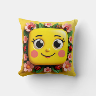 Bright Cartoon Illustration with Ladybugs, Flowers Throw Pillow