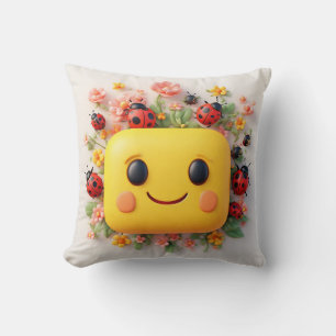 Bright Cartoon Illustration with Ladybugs, Flowers Throw Pillow
