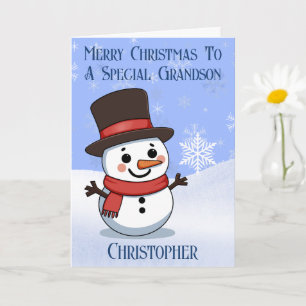 Bright Cartoon Snowman Merry Christmas Grandson Card
