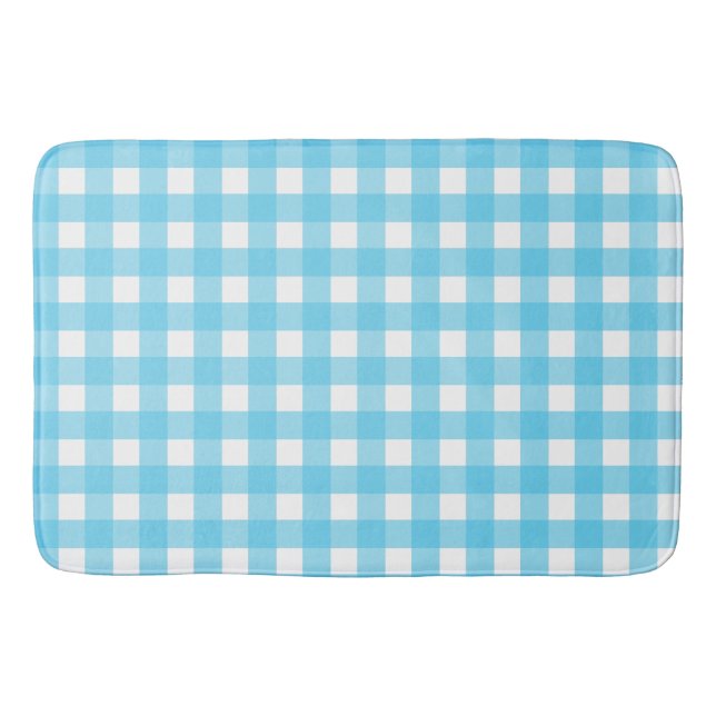 Bright cerulean blue gingham bath mat (Front)