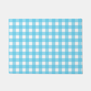 Bright cerulean blue gingham doormat