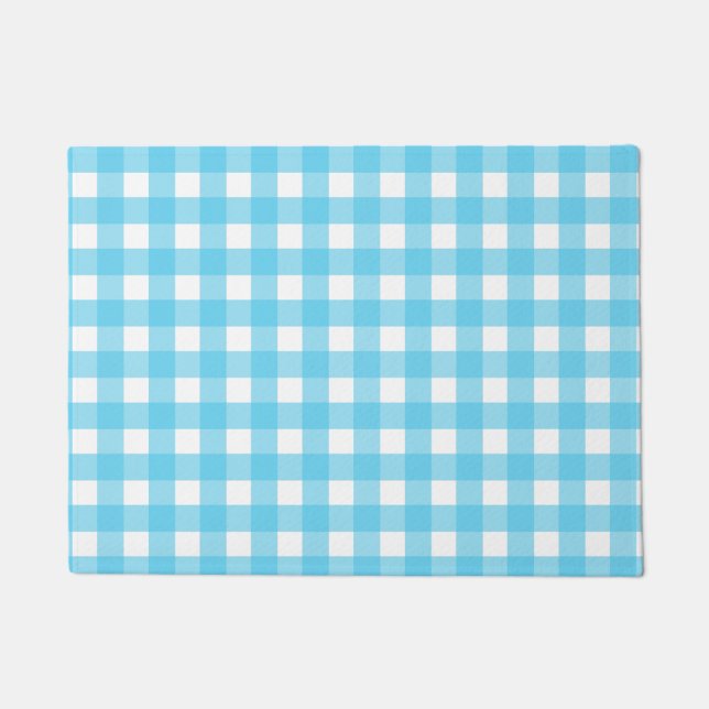 Bright cerulean blue gingham doormat (Front)