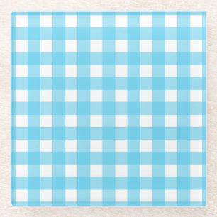 Bright cerulean blue gingham glass coaster