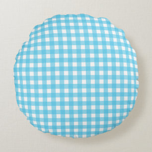 Bright cerulean blue gingham round pillow
