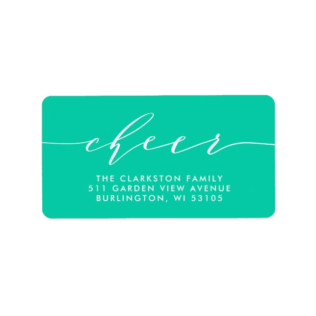 Bright cheer script teal holiday return address label (Front)