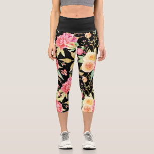 Bright & Cheerful Flower Pattern on Black Capri Leggings