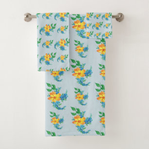 Bright Cheery Blue Yellow Floral Pattern  Bath Towel Set