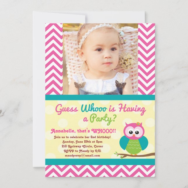 Bright Chevron Owl (Photo) Invitation d'anniversai (Devant)