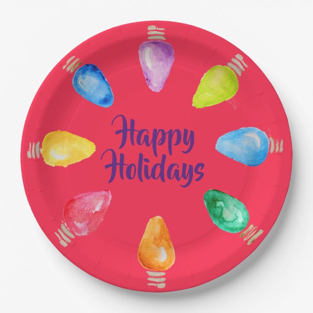 Bright Christmas Bulbs Happy Holidays Paper Plate (Front)