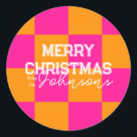 Bright Christmas Check Hot Pink Orange Classic Round Sticker<br><div class="desc">This is a bright Christmas design in trending orange and hot pink and check pattern. It has the message, "Merry Christmas! from the Johnsons". Ideal for your Christmas gift wrap, mailing accessories. envelope seals, and party favour seals this festive season. To personalize, simply add your name in the personalize this...</div>