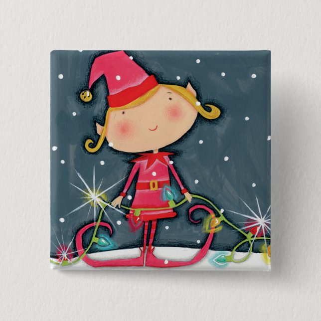 Bright Christmas Elf 2 Inch Square Button (Front)