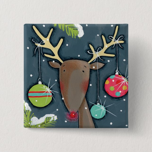 Bright Christmas Reindeer 2 Inch Square Button (Front)