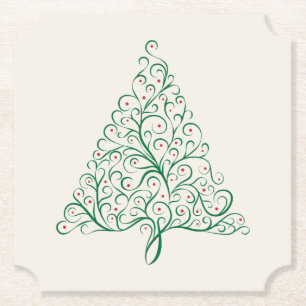 Bright Christmas Tree Scroll in Red and Green Paper Coaster