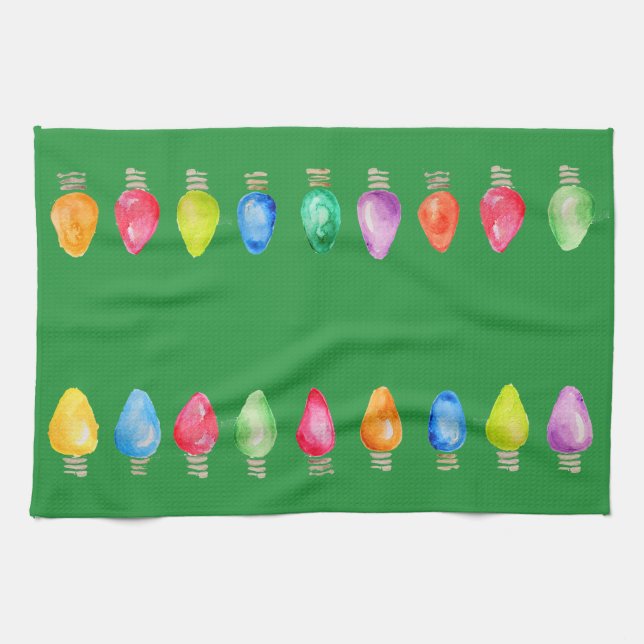 Bright Christmas Watercolor lights bulbs dish Kitchen Towel (Horizontal)