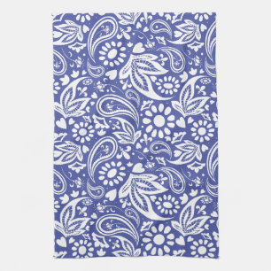 Bright Classic Blue and White Paisley Design Kitchen Towel